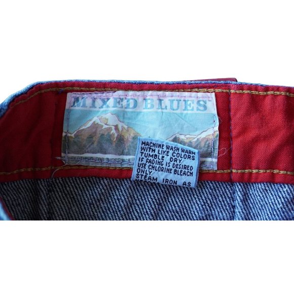 90s Blue Jean Mini Skirt by Mixed Blues Size 11 Dark Wash Denim Red Patch Zipper - Picture 8 of 8